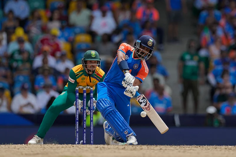 Axar Patel plays a shot against South Africa